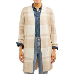 Buffalo Check Long‎ Cardi Womens Medium 8-10 Winter White Oatmeal Plaid Cardigan